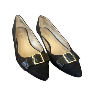 Bandolino Black Pointed-Toe Flats with Gold Buckle